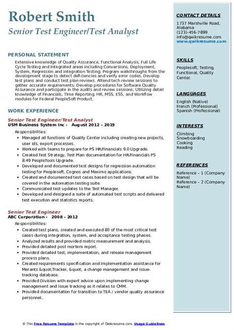 Senior Test Engineer Resume Samples QwikResume