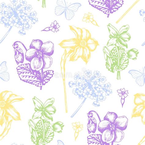 Vintage Seamless Pattern With Violets And Daffodil Stock Vector