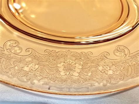 Vintage Amber Art Nouveau Floral Depression Glass Dinner Plates Set Of Six