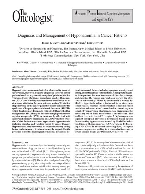 Pdf Diagnosis And Management Of Hyponatremia In Cancer Patients