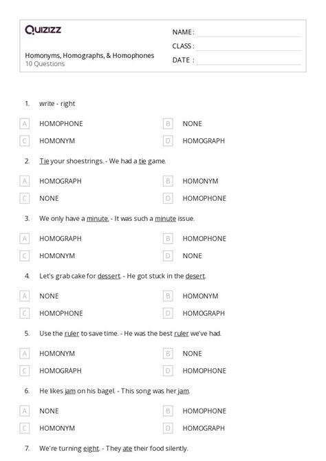 Homophones And Homographs Worksheets On Quizizz Free Printable