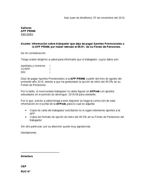 Carta Modelo Del Empleador A Prima Afp Pdf