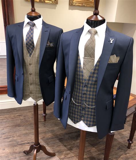 Groom And Groomsmen Look Navy Jacket Brown Tweed Waistcoat Country