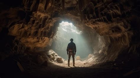 Un Homme Se Tient Dans Une Grotte Avec La Lumière Qui Brille Sur Lui