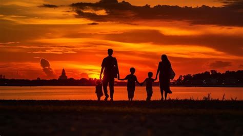 Una Familia Camina Junto Al Agua Al Atardecer Foto Premium