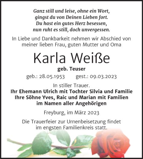 Traueranzeigen von Karla Weiße abschied nehmen de