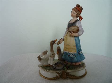 Capodimonte Porcelain Figurine Lady Feeding Geese Italy Signed