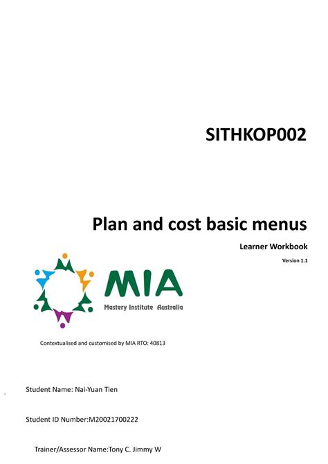 Sithkop 002 Sithccc 012 SITHKOP Plan And Cost Basic Menus Learner