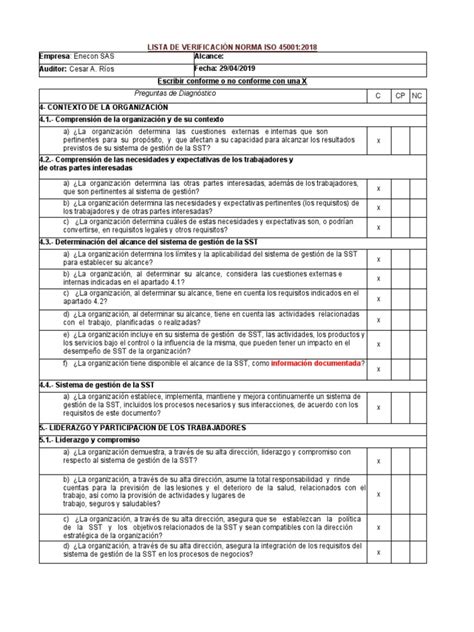 Lista De Verificación Iso 45001 2018 2019 Pdf Planificación Evaluación