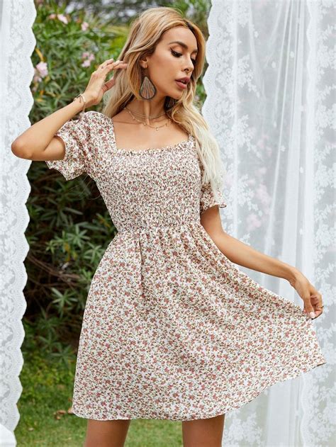 Ditsy Floral Shirred Swing Dress