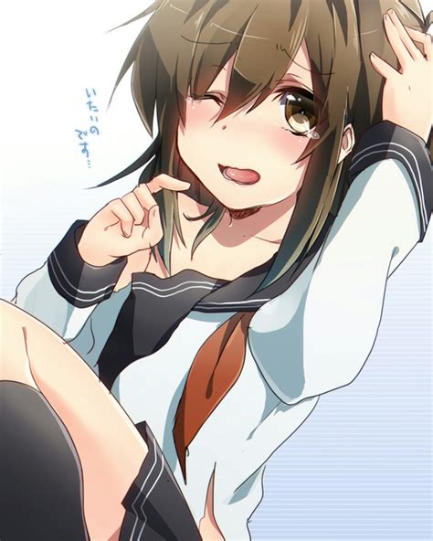 Safebooru 1girl Blush Brown Eyes Brown Hair Hand On Own Head Inazuma