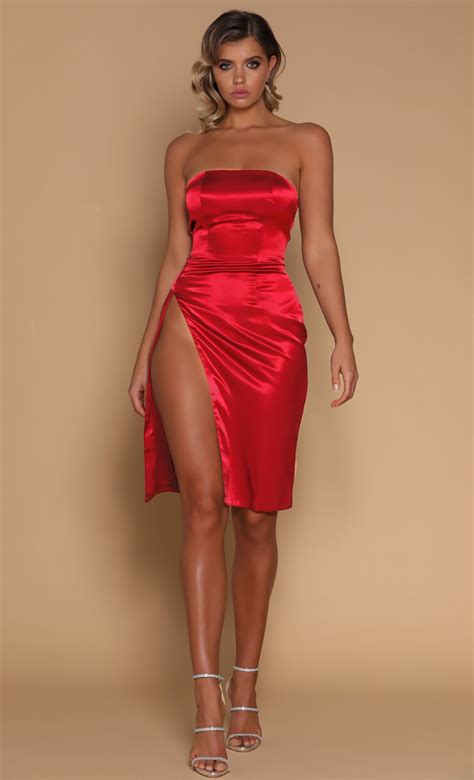 Bardot Womens Jamila Red Satin Strapless Cocktail Midi