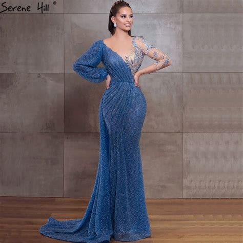 Serene Hill Blue Mermaid O Neck Evening Gowns 2023 Dubai Long Sleeves