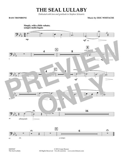 The Seal Lullaby Bass Trombone Sheet Music Eric Whitacre Concert Band