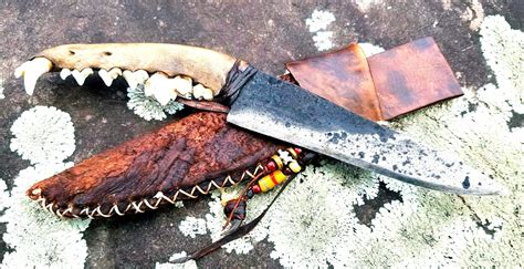 Coyote Jaw Bone Belt Knife With A Frontier Style Deer Rawhide Sheath By