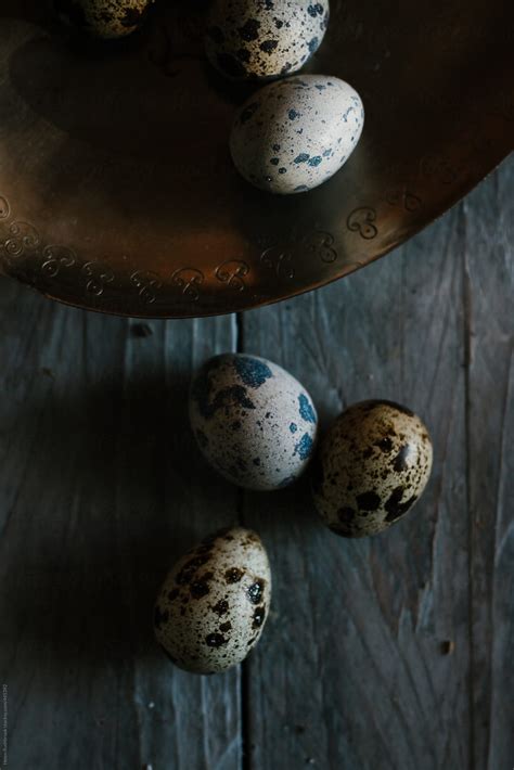 Quail Eggs On A Pewter Dish By Stocksy Contributor Helen Rushbrook Stocksy