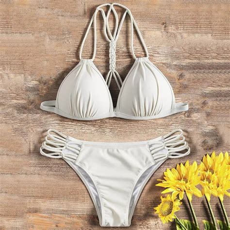 ZAFUL Sexy Swimsuit Molded Cup Strappy Bikini Set Bathing Suit Plunging