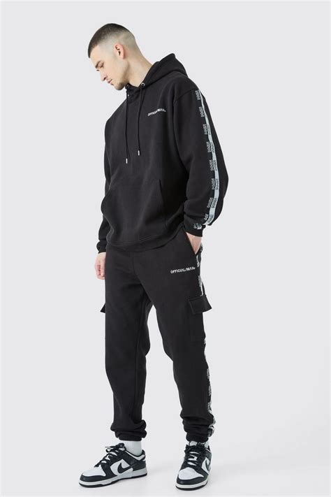 Tall Official Man Tape Cargo Hooded Tracksuit Boohoo Uk