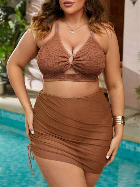 Plus Plain Ring Linked Bikini Swimsuit With Beach Skirt Shein Usa