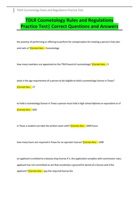 TDLR Cosmetology Rules And Regulations Practice Test Correct Questions