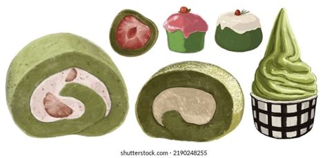 Cute Matcha Cake Illustration Collection Roll Stock Illustration