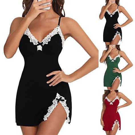 Sexy Sleepwear Women Lace Silk Satin V Neck Nightgown Split Hem Soft