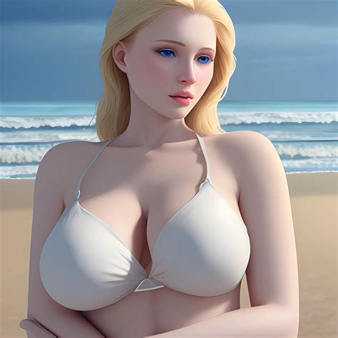 Beautiful Russian Woman On Beach Photorealistic Curvy Body Blonde Blue Eyes Pale White Skin