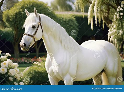 Portrait Arabian White Golden Horse With Flowers Luxury Digital Art