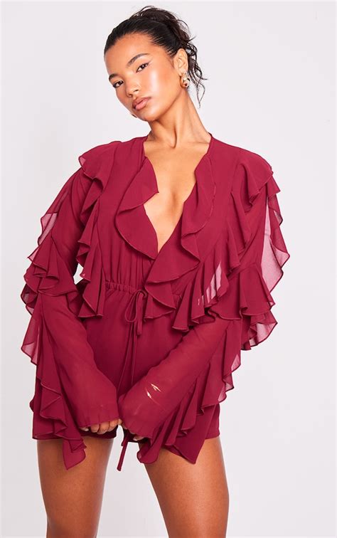 Burgundy Ruffle Detail Long Sleeve Plunge Playsuit Jumpsuits