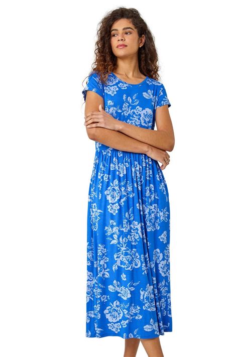 Roman Blue Floral Print Midi Stretch Dress Matalan