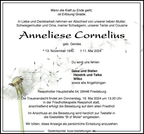 Traueranzeigen Von Anneliese Cornelius Nordwest Trauer De