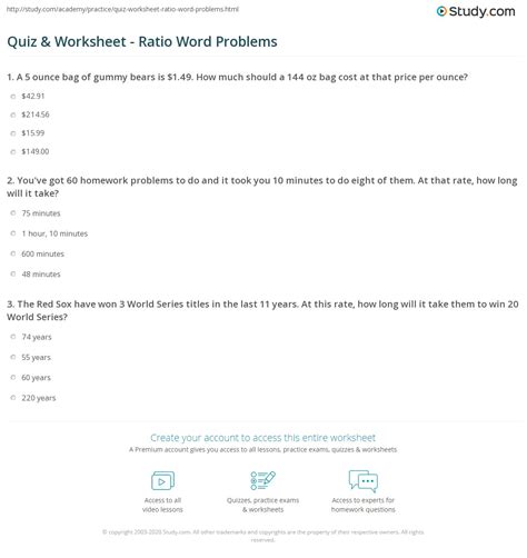 Ratio Word Problems Printable Worksheet