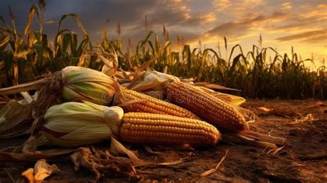 Cornfield With Mature Corn Cobs Lying On The Ground Stock Illustration