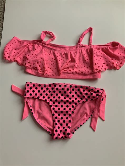Justice Girls Hot Pink Black Polka Dot Eyelet Off Shoulder Swim Tankini EBay