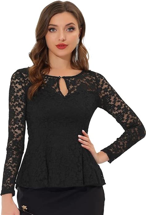 Allegra K Womens Lace Tops Keyhole Front Peplum Hem Sheer Long Sleeve