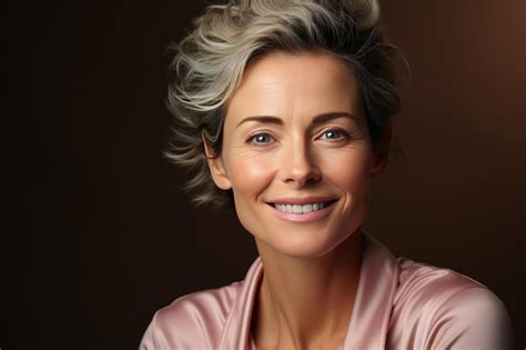 Closeup Portrait Of Beautiful Middleaged Woman With Dreamy Smile Mature