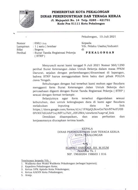 Form Surat Tanda Registrasi Pekerja STRP DINPERINAKER Kota