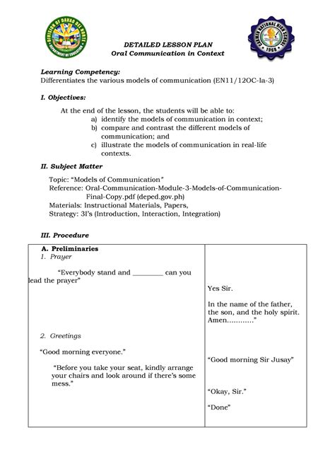 Final Models-of-Communication-Donn-LP-1 - DETAILED LESSON PLAN Oral Communication in Context ...