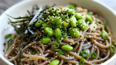 Premium Photo Healthy Soba Noodles With Edamame And Microgreens In A