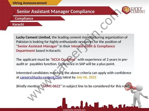 Lucky Cement Limited Jobs Senior Assistant Manager Compliance