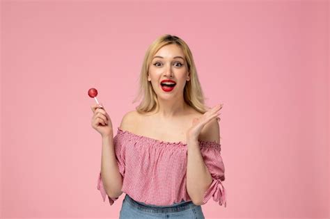 Free Photo Cute Girl Lovely Young Lady With Red Lipstick In Pink