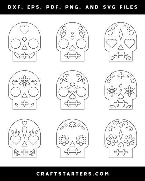 Simple Sugar Skull Outline Patterns: DFX, EPS, PDF, PNG, and SVG Cut Files