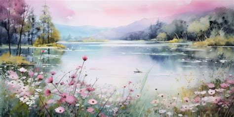 Premium AI Image | River and Blush Wildflowers Watercolor Landscape ...