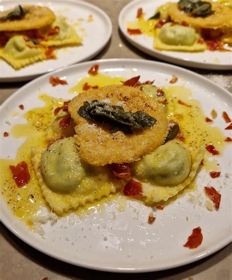 [homemade] Ravioli With Spinach Ricotta Burnt Butter And Sage Sauce Prosciutto And Parmesan