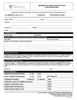 Fillable Online Deferment Or Cancellation Of Study Application Form Fax