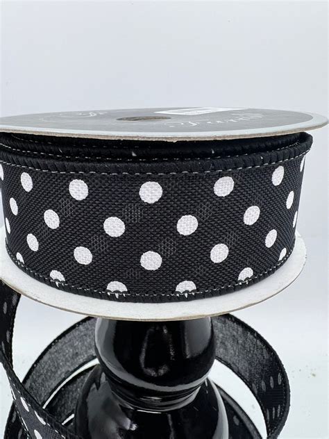 Black White Polka Dot Linen Wired Ribbon White And Black Etsy