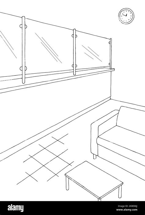 Bank Interior Graphic Black White Sketch Vertical Illustration Vector