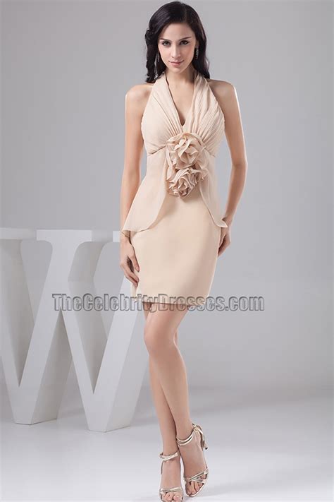 Gorgeous Champagne Halter Cocktail Party Dresses With Flowers