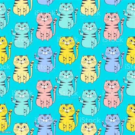 Cute Cats Colorful Seamless Pattern Background Vector Eps 10 Stock