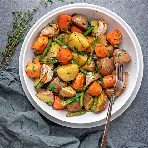 Roasted Potatoes And Carrots With Green Beans Cubes N Juliennes